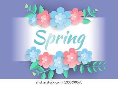 Hello Spring sale background with beautiful paper flowers,brochures or banner,Paper art style.