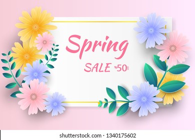 Hello Spring sale background with beautiful paper flowers,brochures or banner,Paper art style.