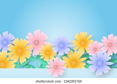 Hello Spring sale background with beautiful paper flowers,brochures or banner,Paper art style.