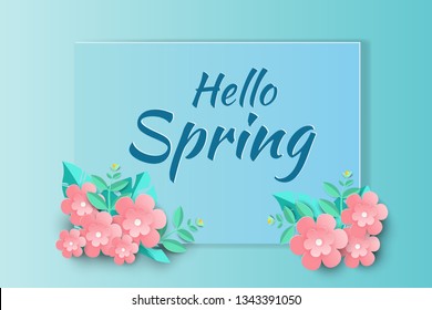Hello Spring sale background with beautiful paper flowers,brochures or banner,Paper art style.