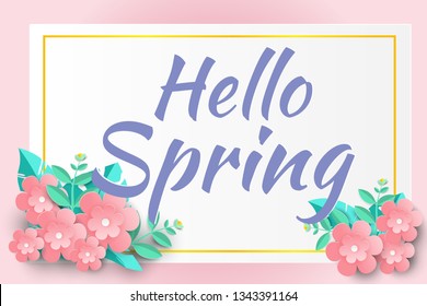 Hello Spring sale background with beautiful paper flowers,brochures or banner,Paper art style.