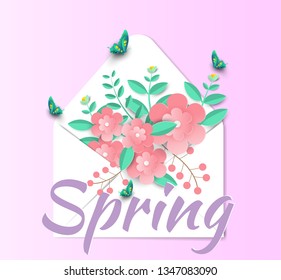 Hello Spring sale background with beautiful paper flowers,brochures or banner,Paper art style.