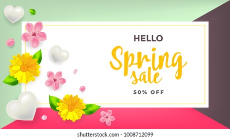 Hello Spring Sale background with flower vector, wallpaper, flyers, invitation, posters, brochure, banners