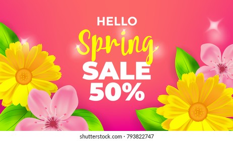 Hello Spring Sale background with flower vector, wallpaper, flyers, invitation, posters, brochure, banners