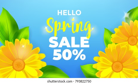 Hello Spring Sale background with flower vector, wallpaper, flyers, invitation, posters, brochure, banners