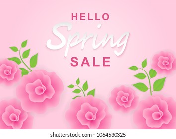 Hello spring sale background. flowers and tree leaves on Soft background . light and shadow . Vector.