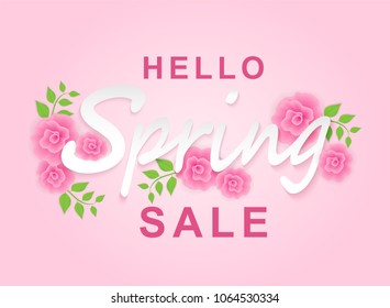 Hello spring sale background. flowers and tree leaves on Soft background . light and shadow . Vector.