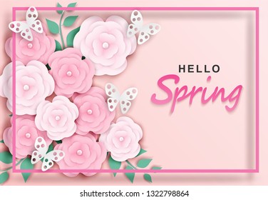 Hello spring sale background. flowers and tree leaves on Soft background . light and shadow . Vector.