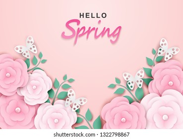 Hello spring sale background. flowers and tree leaves on Soft background . light and shadow . Vector.