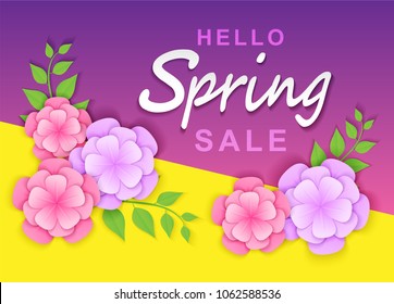 Hello spring sale background.  paper art style flowers and tree leaves on colorful background . light and shadow . Vector.
