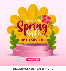 Hello Spring sale background or poster for spring holidays with floral and leaf elements