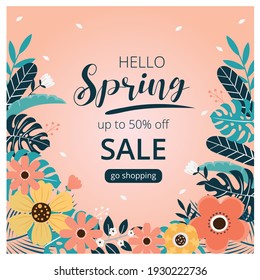 Hello Spring Sale Banner And Background. Promotion Spring Sale Design. Vector Illustration.