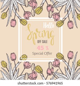 Hello spring sale banner. Background template with flowers or spring template.Vector illustration