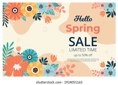 Hello spring sale banner with blossom bloom. Sale banner. Vector illustration. Hand drawn.