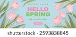 Hello spring sale banner design template with realistic 3d tulips on blue background. Discount shopping background. Special offer. Vector illustration