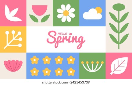 Hello spring sale banner. Minimal geometric shapes with squares. Modern lettering banner,greeting card, invitation, poster template background. Flat vector illustration.