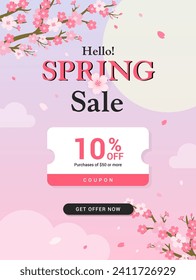 Hello! Spring Sale coupon template poster vector design. Cherry Blossoms branch on purple and pink sky background 