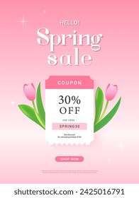 Hello! Spring Sale coupon template poster vector design. Tulip flowers on pink background	