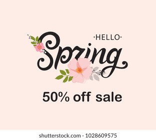 Hello Spring SALE. Hello Spring typography vector design for greeting cards and poster. Hand lettering text isolated on pink background. Design template celebration. Vector illustration.