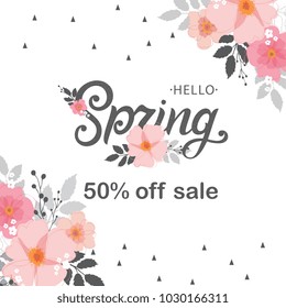 Hello Spring SALE. Hello Spring typography vector design for greeting cards and poster. Hand lettering text isolated on pink background. Design template celebration. Vector illustration.