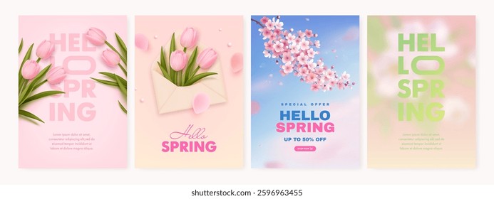 Hello spring sale vertical web banner, flyer, greeting card design template with realistic sakura and tulips. Nature seasonal discount background set. Vector illustration