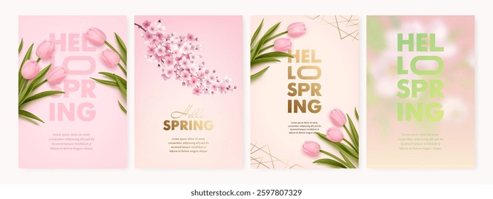 Hello spring sale vertical web banner, flyer, greeting card design template with realistic sakura and tulips and golden text. Nature seasonal discount background set. Vector illustration