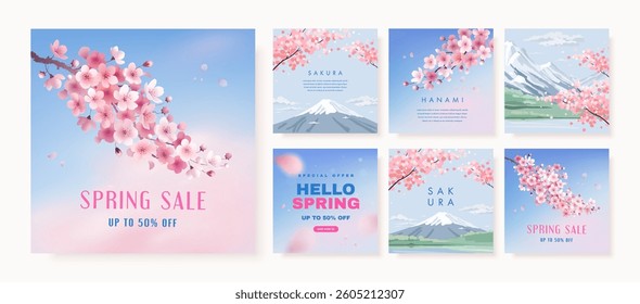 Hello spring sale web banner, square flyer or greeting card design template with realistic 3d and sketch blossoming sakura. Advertisement discount background. Vector illustration