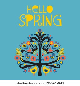 Hello Spring Scandinavian folk art vector illustration. Flat style isolated lettering. Papercut collage tree with flowers and birds black red pink yellow blue. Card, web banner, instagram post, kids.