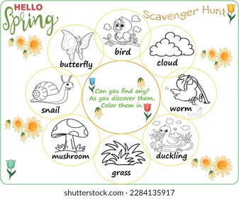 Hello Spring Scavenger hunt, garden theme, different colorful pictures for children, fun education search game for kids, development for toddlers, preschool activity, set of icons, vector illustration