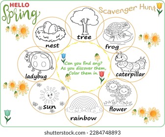 Hello Spring Scavenger hunt, garden theme, different coloring pictures for children, fun education search game for kids, development for toddlers, preschool activity, set of icons, vector illustration