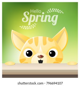 Hello Spring season background with a cat looking at a red ladybug , vector , illustration