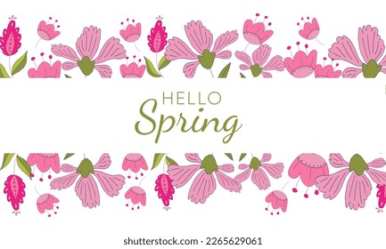 Hello Spring season background with pink flowers for greeting card, invitation template. Template background, Sale, offer
