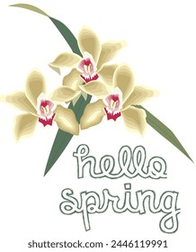 Hello Spring with season calligraphy. Flowers wreath design for print or use as poster, card, flyer or T Shirt