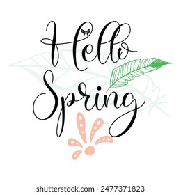 Hallo Frühling. Hallo Frühlingssaison. Cartoon Vektorillustration Design für Poster, Banner, Flyer, Gruß, Card, Cover, Post, Promotion. wunderschöne und bunte Pflanzen, Blätter und Blumen. EPS 10.