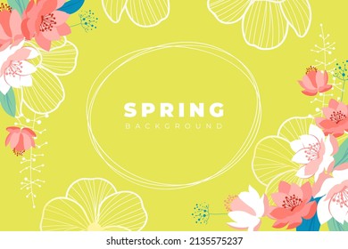 Hola primavera temporada con marco y esquina de fondo de flores coloridas