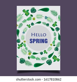 hello spring season with leaf for greeting card, invitation template, banner, poster template background