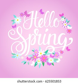 Hello Spring Season Text Banner Abstract Flowers Background Flat Vector Illustration