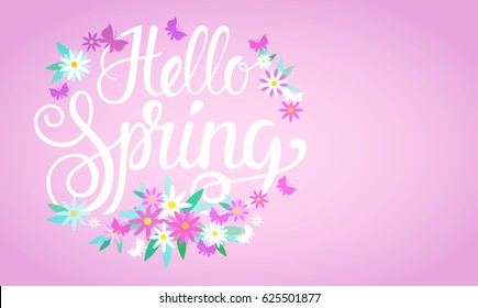 Hello Spring Season Text Banner Abstract Flowers Background Flat Vector Illustration