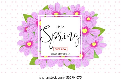 Hello spring season time, sales season banner or poster with colorful blossom flower