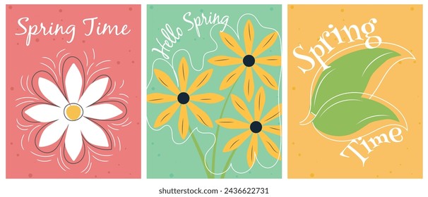Hello spring, spring seasonal banner collection. Abstract trendy hand drawn flowers for your designs.
