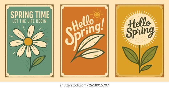 Hello spring seasonal banner collection with floral decoration, artistic hand drawn line art posters set of blooming flowers and plants, elegant springtime illustrations for seasonal design

