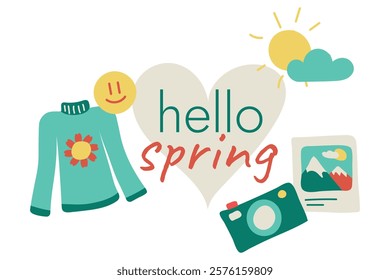 Hello Spring, seasonal symbols. Set of Springtime objects - photos, camera, sweater. Emoji, sun and cloud. Message. Long-sleeved clothes with flower. Children drawing, hand-drawn. Vector illustration