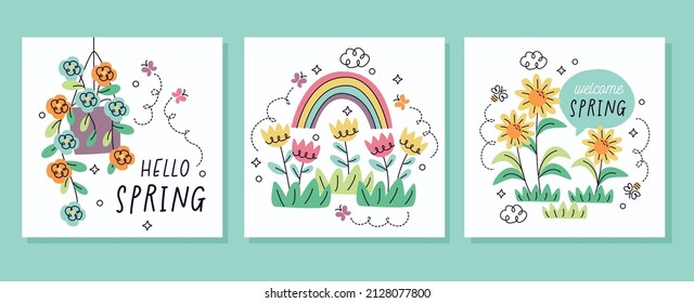 Hello Spring set, badge typography icon. Lettering spring season with leaf for greeting card, invitation template. Retro, vintage lettering banner poster template background, pastel