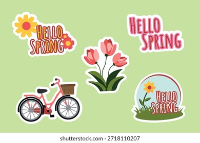 Hello Spring set of spring bright stickers with illustration of a bicycle and flowers