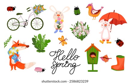 Hello spring set with bunny and fox, flowers, insects. For cards, posters, stickers, and seasonal decorations