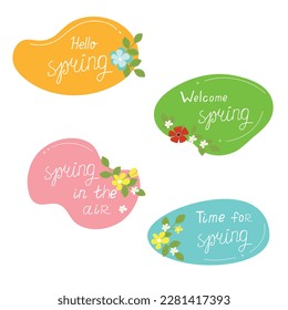 Hello spring. Set of cute colorful spring stickers with flowers, leafs and hand lettering phrase. Springtime concepts.