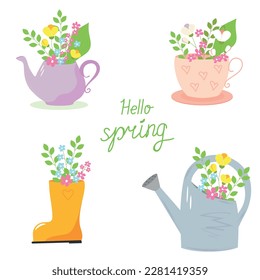 Hello spring. Set of cute colorful spring stickers with flowers, leafs and hand lettering phrase. Springtime concepts. Floral decorations. Welcome spring season invitation. Springtime concepts.