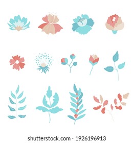Hello spring. Set of cute hand-drawn Spring flowers. Many bright and beautiful flowers. Cute floral seamless pattern. Vector background with flowers and leaves.