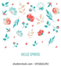Hola primavera. Montaje de lindas flores de primavera dibujadas a mano. Muchas flores brillantes y hermosas. Patrón floral sin costuras. Fondo vectorial con flores y hojas.