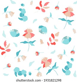 Hello spring. Set of cute hand-drawn Spring flowers. Many bright and beautiful flowers. Cute floral seamless pattern. Vector background with flowers and leaves.